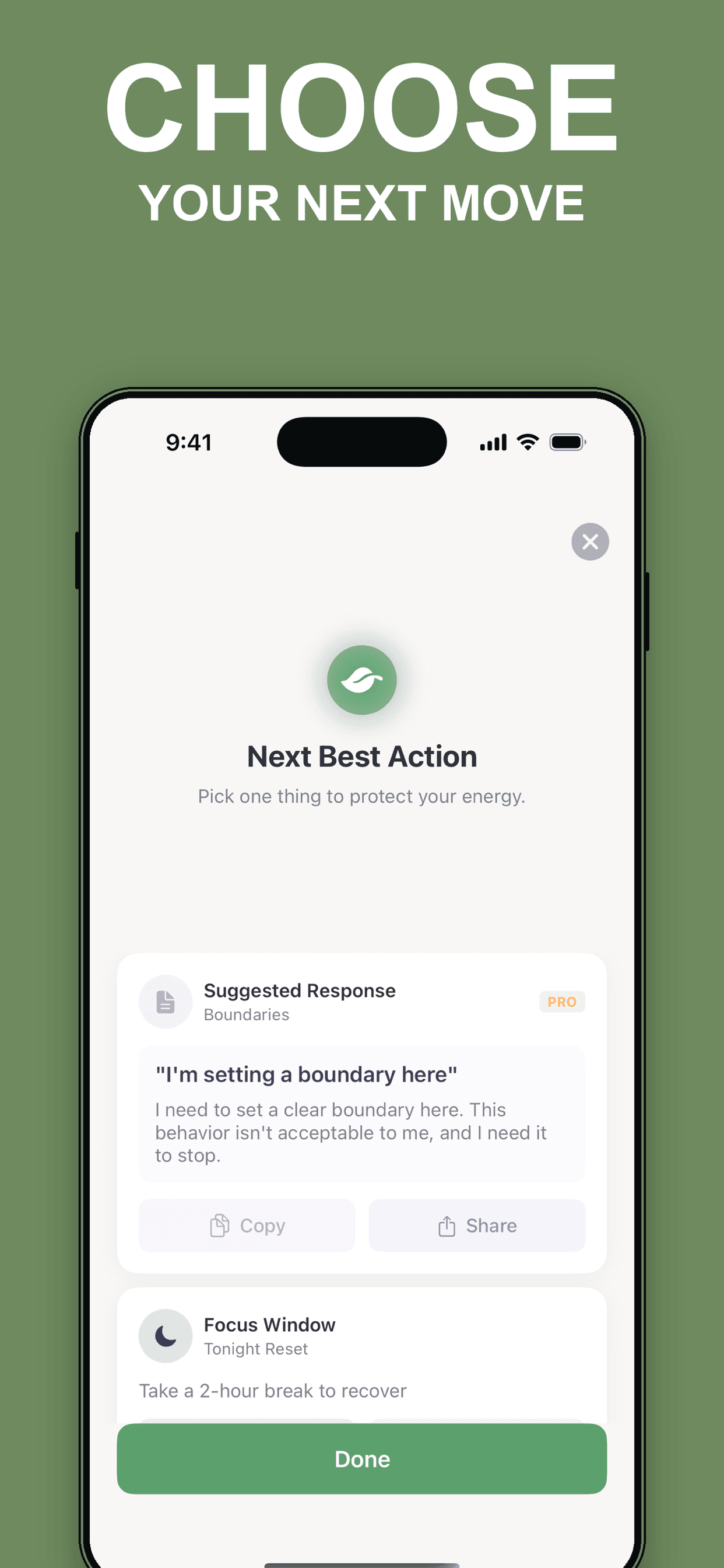 Boundary Space next best action recommendation screen